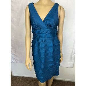 London Style Teal Blue Tiered Ruffle Cocktail Dress Sleeveless V-Neck Size 10